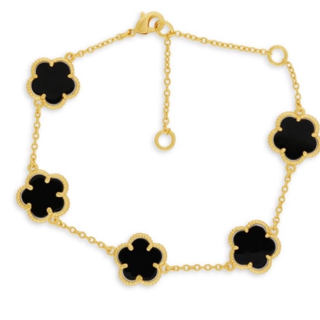 JanKou Black Flower 14k Goldplated  Jet Onyx Bracelet Goldplated Brass